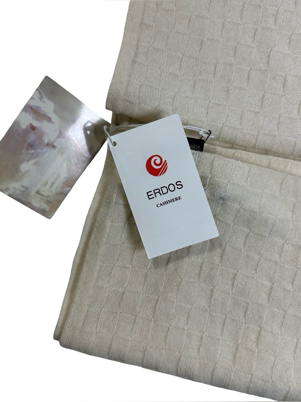 Erdos 100% Pure Cashmere Cream Basketweave Grid Knit Winter Scarf 14x72 Luxe NWT
